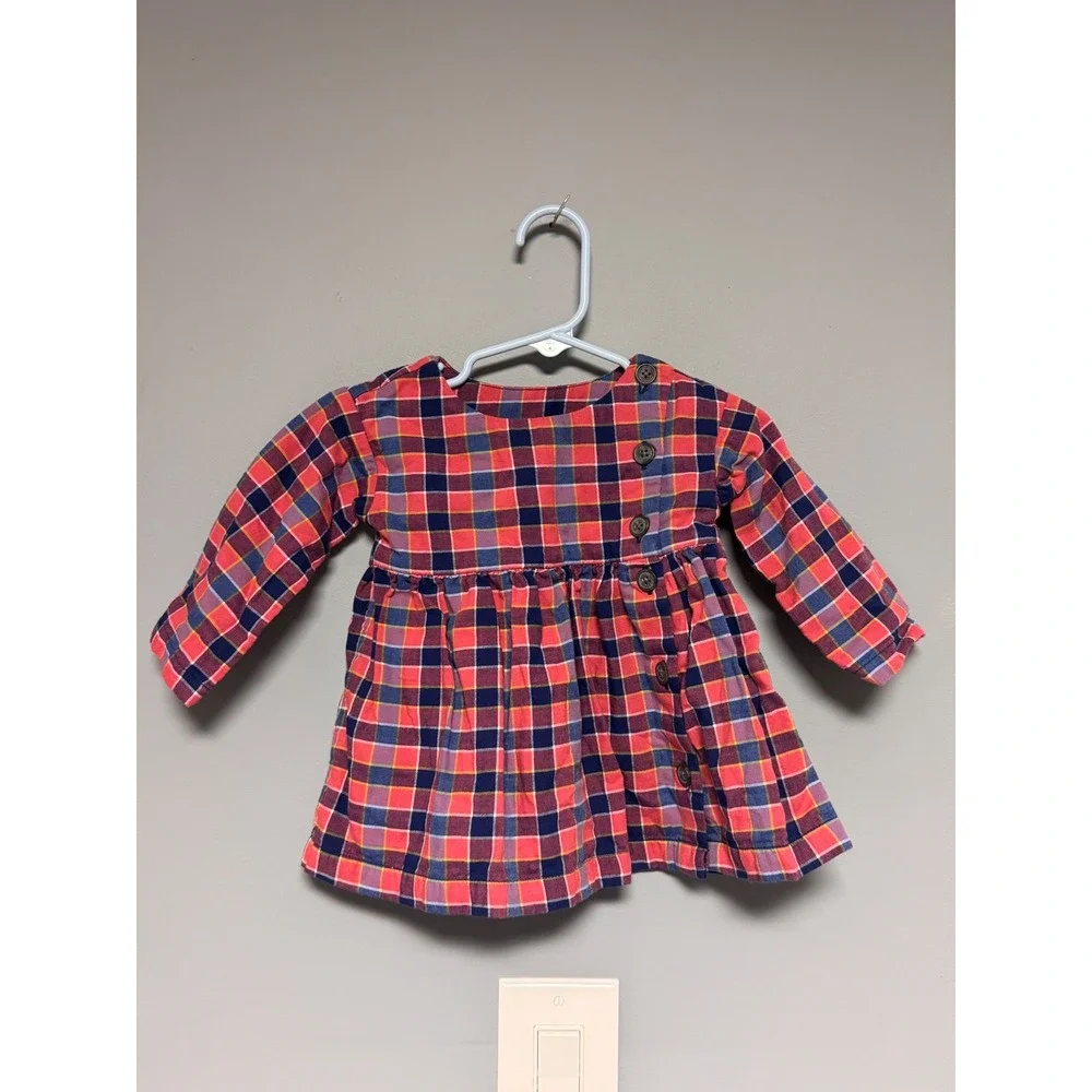 Tea Collection Baby Girls Plaid Long Sleeve Button Front‎ Dress Red Navy 3-6M